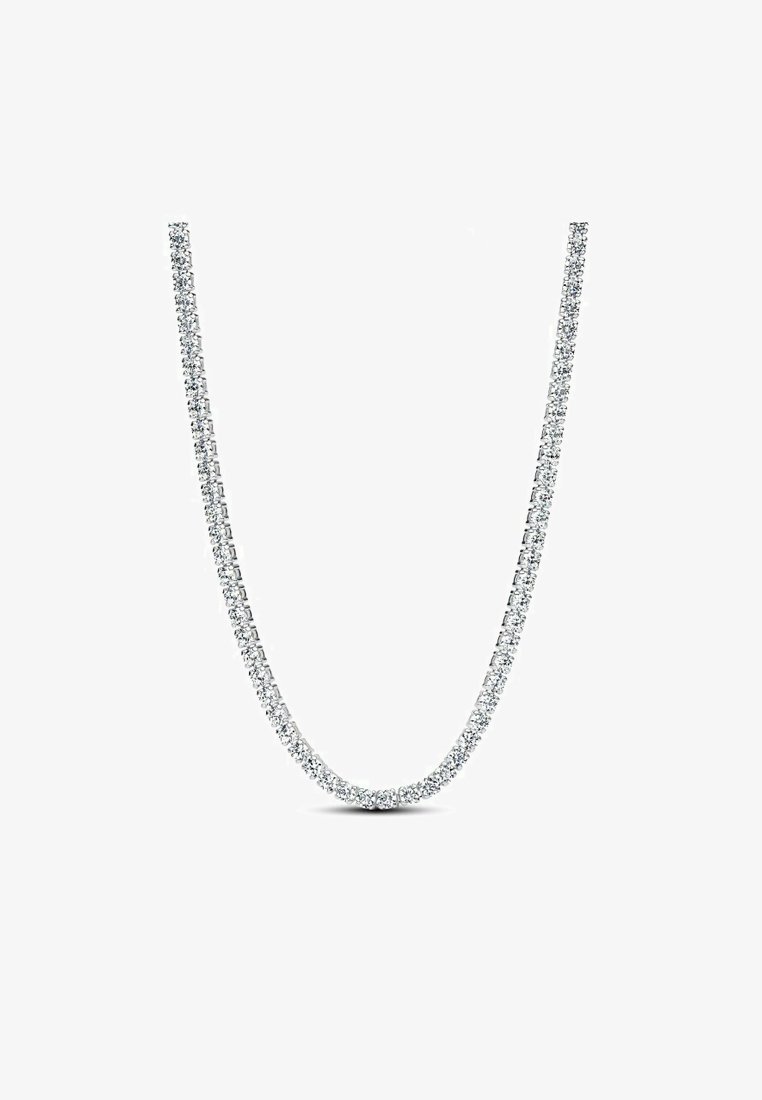 Ogrlica iz srebrnega tonusa s povezavo okroglih kamnov. Vsak kamen je fasetiran, da odbija svetlobo in ustvari svetleč učinek.