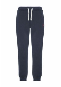 I pantaloni della tuta in cotone blu navy presentano una cintura con cordoncino, orli elastici e un piccolo logo rosso sul lato sinistro. Tessuto morbido e di consistenza.