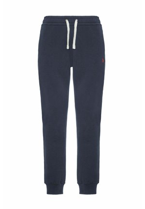 I pantaloni della tuta in cotone blu navy presentano una cintura con cordoncino, orli elastici e un piccolo logo rosso sul lato sinistro. Tessuto morbido e di consistenza.
