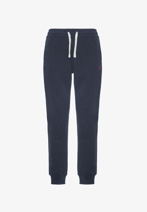 I pantaloni della tuta in cotone blu navy presentano una cintura con cordoncino, orli elastici e un piccolo logo rosso sul lato sinistro. Tessuto morbido e di consistenza.