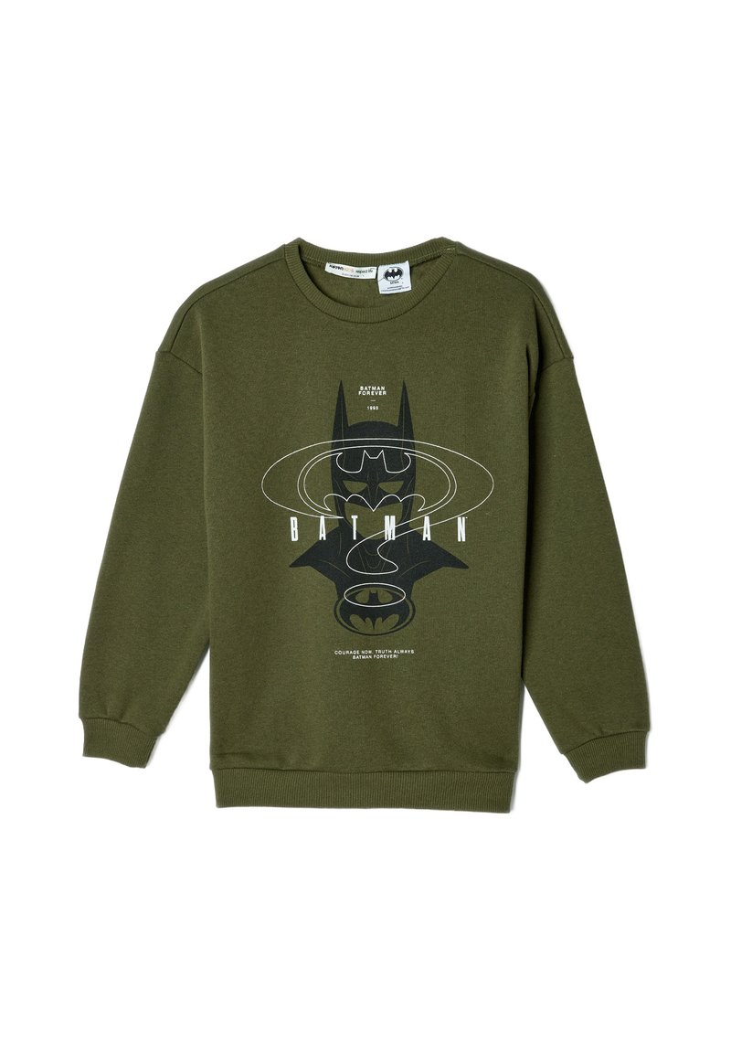 Sudadera verde oliva de algodón con mangas largas, que presenta una impresión gráfica de la cara y el logo de Batman en blanco y negro.