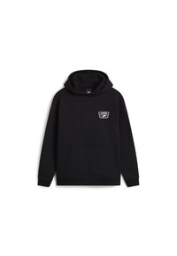 Sudadera negra hecha de material suave, con un bolsillo tipo canguro y un parche de logo en el pecho. Capucha con cordones ajustables.