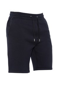 Pantaloni corti in misto cotone blu navy con vita elastica, coulisse e tasche laterali. Texture morbida con cuciture rinforzate. Lunghezza sopra il ginocchio.