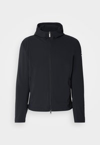 Black jacket with a hood, zip closure, and two side pockets. Features a smooth, lightweight fabric and minimalistic design.