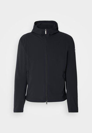 Black jacket with a hood, zip closure, and two side pockets. Features a smooth, lightweight fabric and minimalistic design.