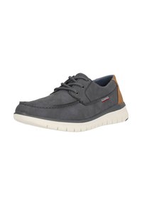 Chaussures en cuir gris avec un bout arrondi, semelle en caoutchouc beige, et accents en cuir marron au talon. Présentent des lacets gris et des détails de couture.