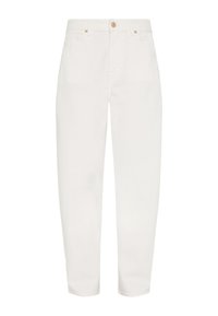 Białe dżinsowe spodnie o prostym kroju. Posiadają zamek błyskawiczny, pojedyncze zapięcie na guzik, subtelne przeszycia oraz boczne kieszenie.