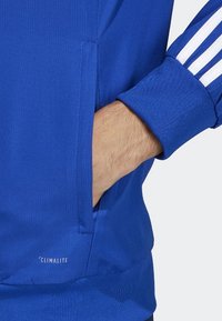 Blå träningsjacka med ribbad textur, dragkedjefickor på sidan och vita accentlinjer på ärmarna. Märkt med 'CLIMALITE' vid fållen.