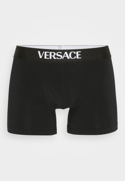 Črne boksarske hlače s tesnim fitom, narejene iz bombaža, z širokim črnim pasom z belim blagovno znamko "VERSACE".