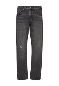 Schwarze Denim-Jeans mit geradem Bein, mit einer gewollten Abnutzung nahe dem linken Knie, fünf Taschen und einem Knopfverschluss.