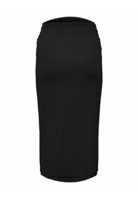 Gonna midi nera aderente con una texture liscia, una cintura elastica e dettagli arricciati sui lati per un tocco di forma in più.