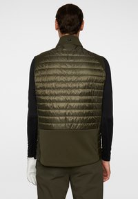 Gilet imbottito verde oliva con texture trapuntata, colletto alto e pannello inferiore solido. Presenta una chiusura a zip e un dettaglio con logo sul retro.