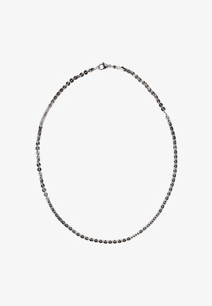 Sølv kædengan med et delikat, sammenflettet mønster, udstyret med en lynlås lukning og en glat, poleret overflade.