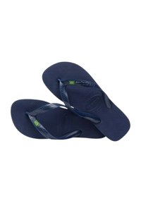 Infradito blu navy in gomma con suole testurizzate. Cinghie sottili e un piccolo accento della bandiera del Brasile su una cinghia.