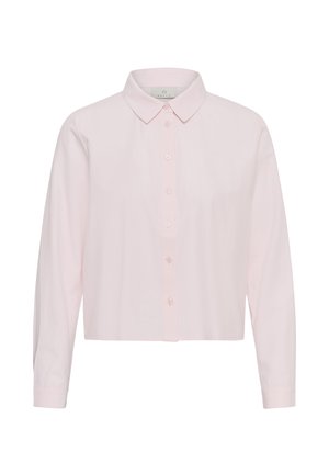 Cămașă roz deschis cu mâneci lungi și nasturi, guler ascuțit și manșete, prezentată pe un fundal alb simplu.