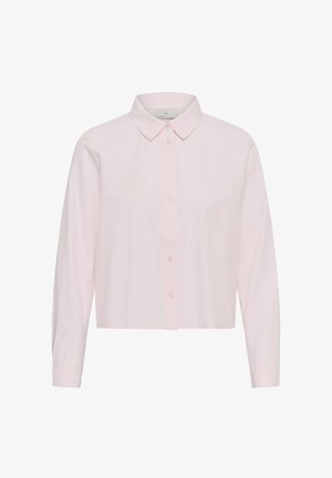 Lichtroze overhemd met lange mouwen, knoopsluiting, puntige kraag en manchetten, weergegeven tegen een effen witte achtergrond.