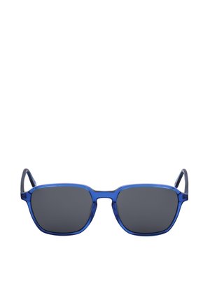 Occhiali da sole rettangolari con montatura blu, lenti scure e aste leggermente curve su sfondo bianco.