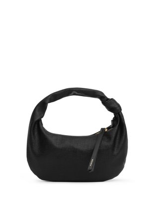Bolso de mano de cuero texturizado negro con una asa anudada y una larga lengüeta de cremallera con relieve "MIRIADE" en letras doradas.