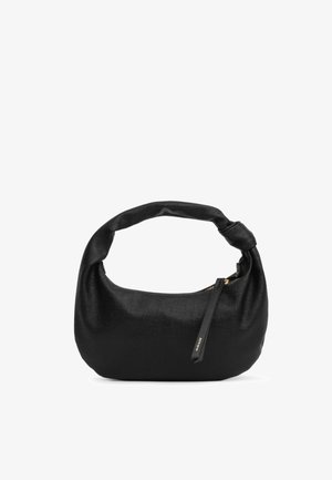 Sac à main en cuir texturé noir avec une poignée nouée et une longue languette de fermeture éclair embossée du mot « MIRIADE » en lettres dorées.