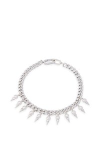 Srebrna bransoletka z łańcuszka z naprzemiennymi szpikami i perłami, z bezpiecznym zapięciem i polerowanym wykończeniem.