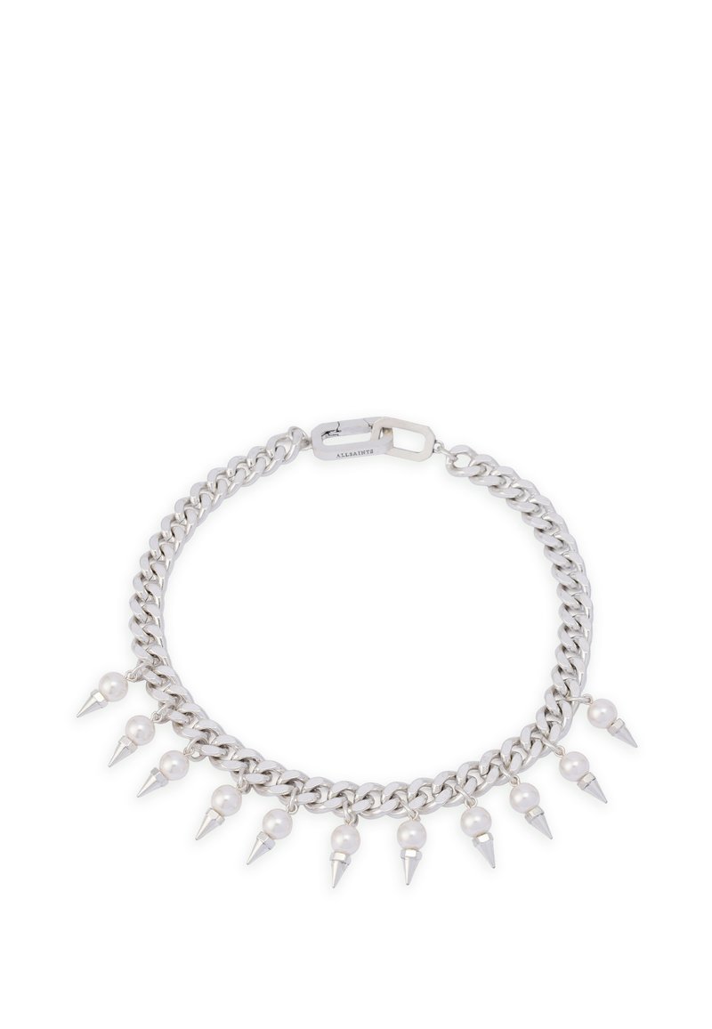Srebrna bransoletka z łańcuszka z naprzemiennymi szpikami i perłami, z bezpiecznym zapięciem i polerowanym wykończeniem.