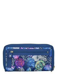 Portemonnee met blauwe rand en kleurrijke schelpenpatronen, voorzien van een externe ritssluiting en gouden ritstrekkers.