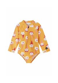 Helles gelbes Langarm-Badeanzug mit weißem und pinkem Blumenmuster, Reißverschluss vorne und Logo-Tag am linken Bein.