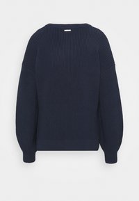 Maglione lavorato a maglia blu navy con una texture a coste, maniche ampie e una vestibilità rilassata. Presenta un collo rotondo e una cucitura orizzontale sulla schiena.