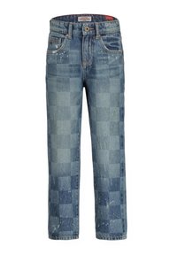 Jeans in denim blu con una vestibilità ampia, caratterizzati da un motivo a quadri, lievi schizzi di vernice e il tradizionale design a cinque tasche.