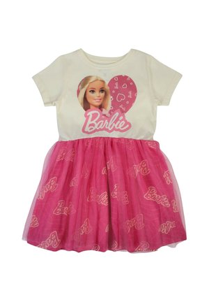 Vestito per ragazze a maniche corte bianco e rosa con grafica Barbie sulla parte superiore e gonna in tulle rosa stampata con scritta Barbie.