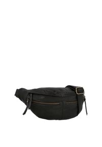 Black leather waist bag with front zip pocket, adjustable strap, and brass buckle on a white background.
