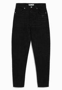 Jeans negros de cintura alta hechos de denim, con cinco bolsillos, cierre frontal de botón y un ligero desgaste en el muslo izquierdo.