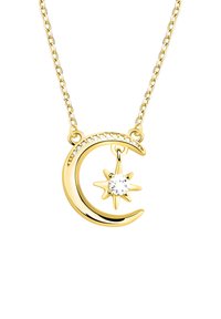 Guldhalskæde med et design af en halvmåne og en stjerne, accentueret med en klar ædelsten og funklerande sten langs månes kurve.