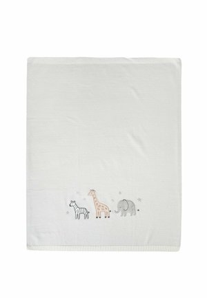 Zachte witte babydeken met subtiele strepen en geborduurde cartoon van een zebra, giraffe en olifant, met kleine sterretjes eromheen.