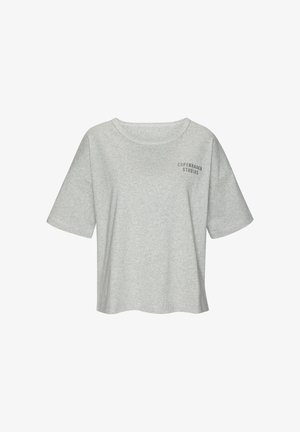 Grey, short-sleeve t-shirt made of soft cotton with a round neckline and a small printed logo in black on the left chest area.