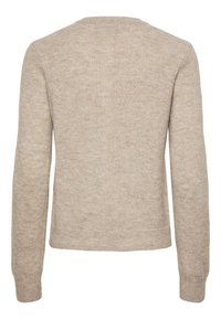 Beige genser med rund hals, lange ermer og et jevnt, strukturert stoff. Har en ensfarget design og en figursydd silhuett.