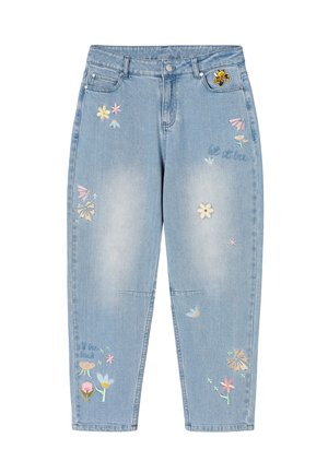 Jeans din denim albastru deschis cu flori brodate multicolore și un mic patch cu albină lângă buzunarul frontal.