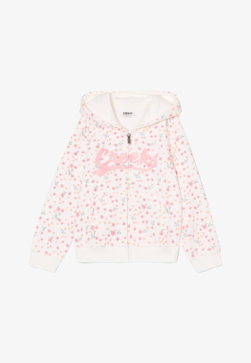 Haut à capuche zippé floral en tissu blanc doux, avec des motifs de fleurs roses et vertes, une capuche et une poche avant avec le logo "Creeks".