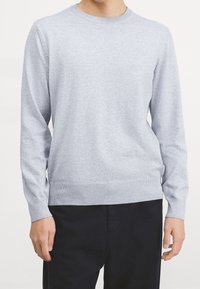 Ljusgrå stickad tröja med rund halsringning, långa ärmar och ribbade cuffs och nederkant; har en liten, broderad logotyp på bröstet.