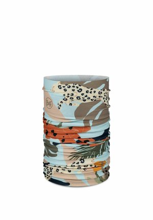 Multifunctional tubular scarf with a leopard and tropical leaf pattern in beige, blue, orange, and green tones, branded with Buff logo.