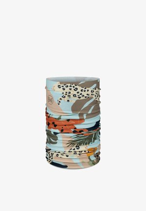 Multifunctional tubular scarf with a leopard and tropical leaf pattern in beige, blue, orange, and green tones, branded with Buff logo.