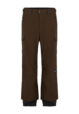 Brune vandtætte bukser med sorte accenter. Har cargo-lommer, en lynlåslomme og elastiske manchetter. Fremstillet af holdbart materiale.