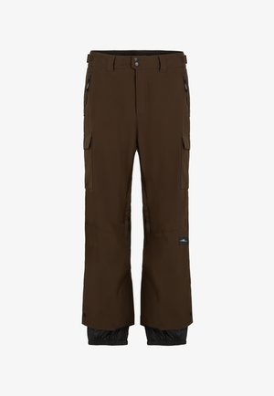 Brune vandtætte bukser med sorte accenter. Har cargo-lommer, en lynlåslomme og elastiske manchetter. Fremstillet af holdbart materiale.