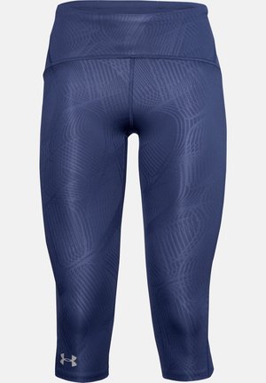 Leggings de sport pour femmes bleu marine longueur 3/4 avec un motif abstrait en relief et un petit logo Under Armour près de l'ourlet gauche.