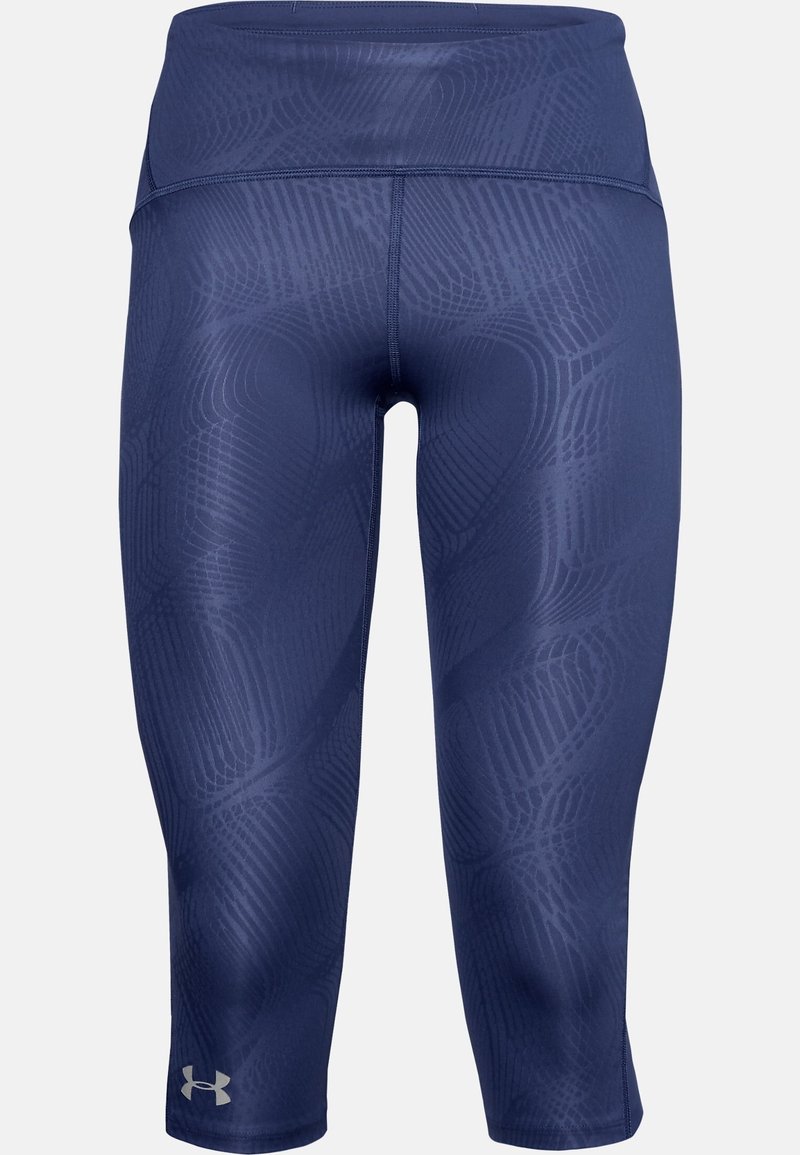 Leggings de sport pour femmes bleu marine longueur 3/4 avec un motif abstrait en relief et un petit logo Under Armour près de l'ourlet gauche.