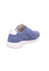 Blue perforated suede sneaker with a white rubber sole and silver metallic heel accent. Laced front with a zipper closure at the back.