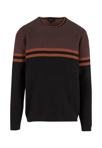 Sweter z dzianiny w ciemnych kolorach z teksturowanym wzorem. Posiada poziome paski w kolorze pomarańczowym i beżowym na klatce piersiowej. Okrągły dekolt.