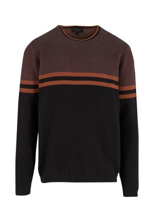 Gebreide trui in donkere kleuren met een textuurdesign. Heeft horizontale strepen in oranje en beige over de borst. Ronde halslijn.
