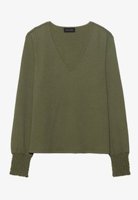 Top de manga larga verde oliva con escote en V, tejido texturizado y detalle fruncido en los puños. Ligero y de ajuste ligeramente holgado.