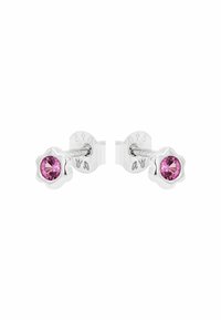 Orecchini a perni a forma di fiore in argento con un centrale gemma rosa, caratterizzati da una finitura lucida e un design compatto.